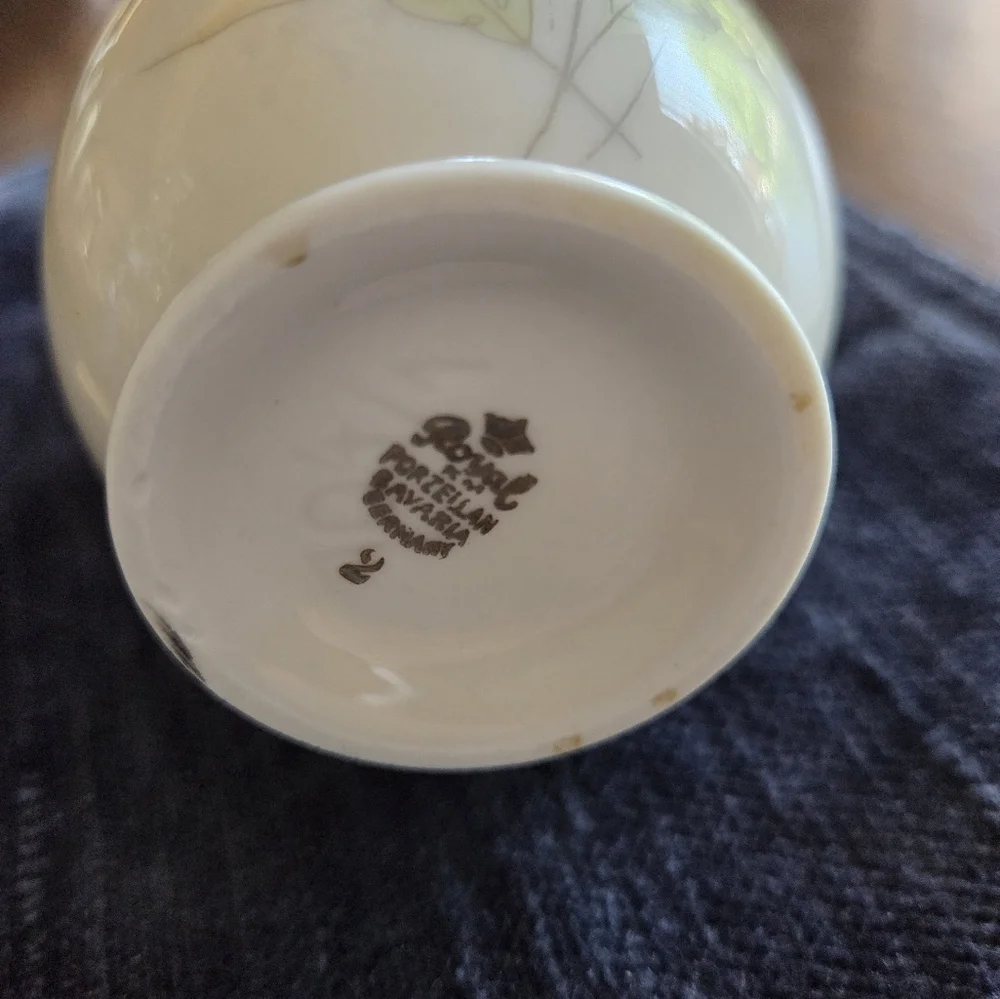Mid Century Asymetic Floral Vase With Handle Floral With Gold Trim
